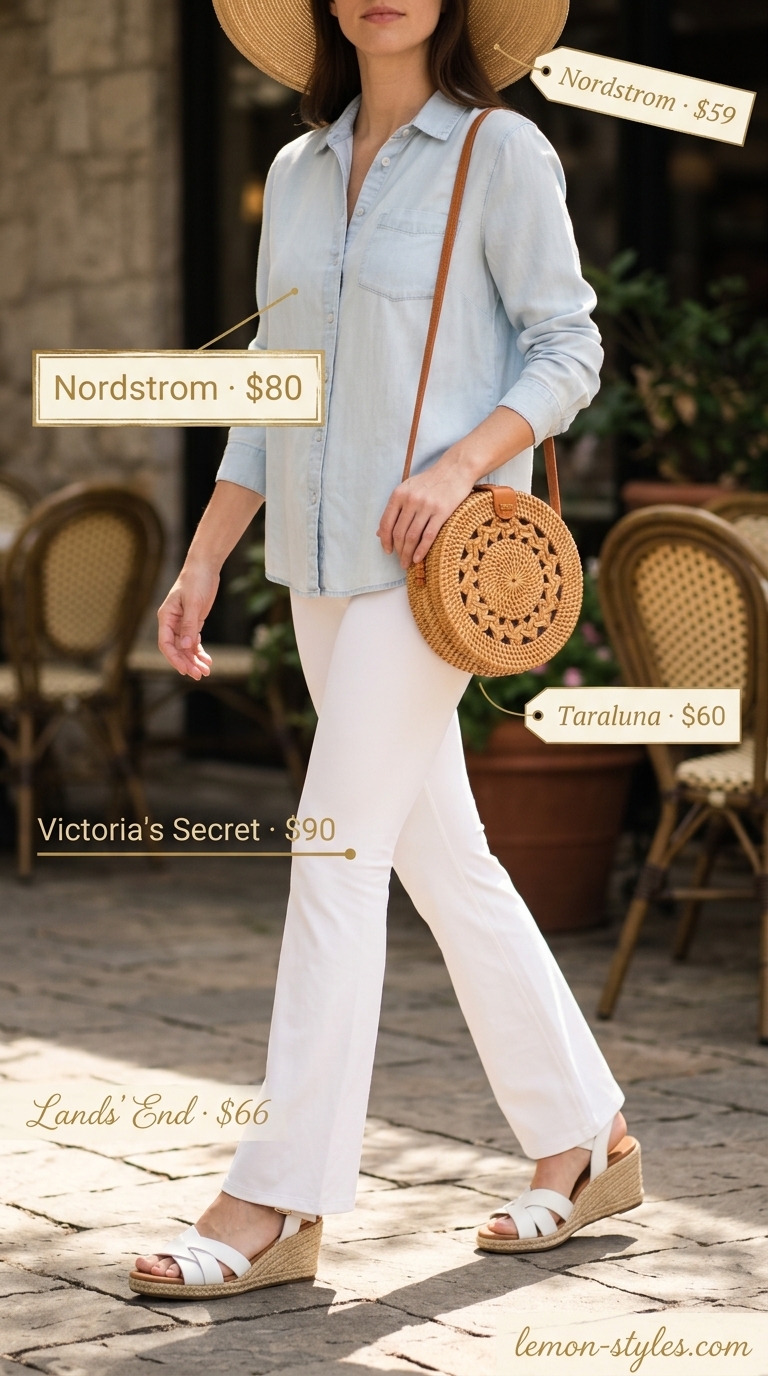 Flared legging outfits summer for women 2026: White leggings, chambray shirt, espadrilles for a crisp summer day.