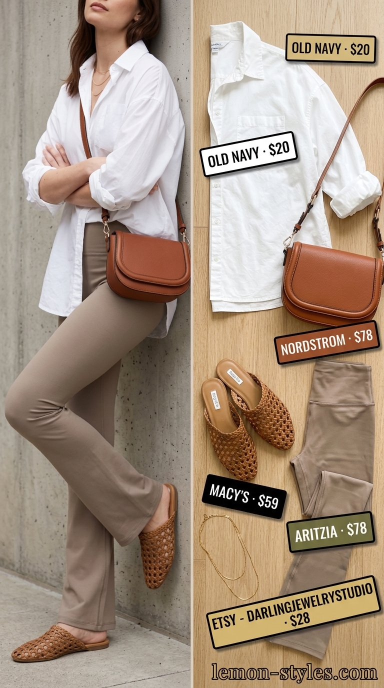 Flared legging outfits summer for women 2026: Taupe leggings, white shirt, brown mules for minimalist leisure.