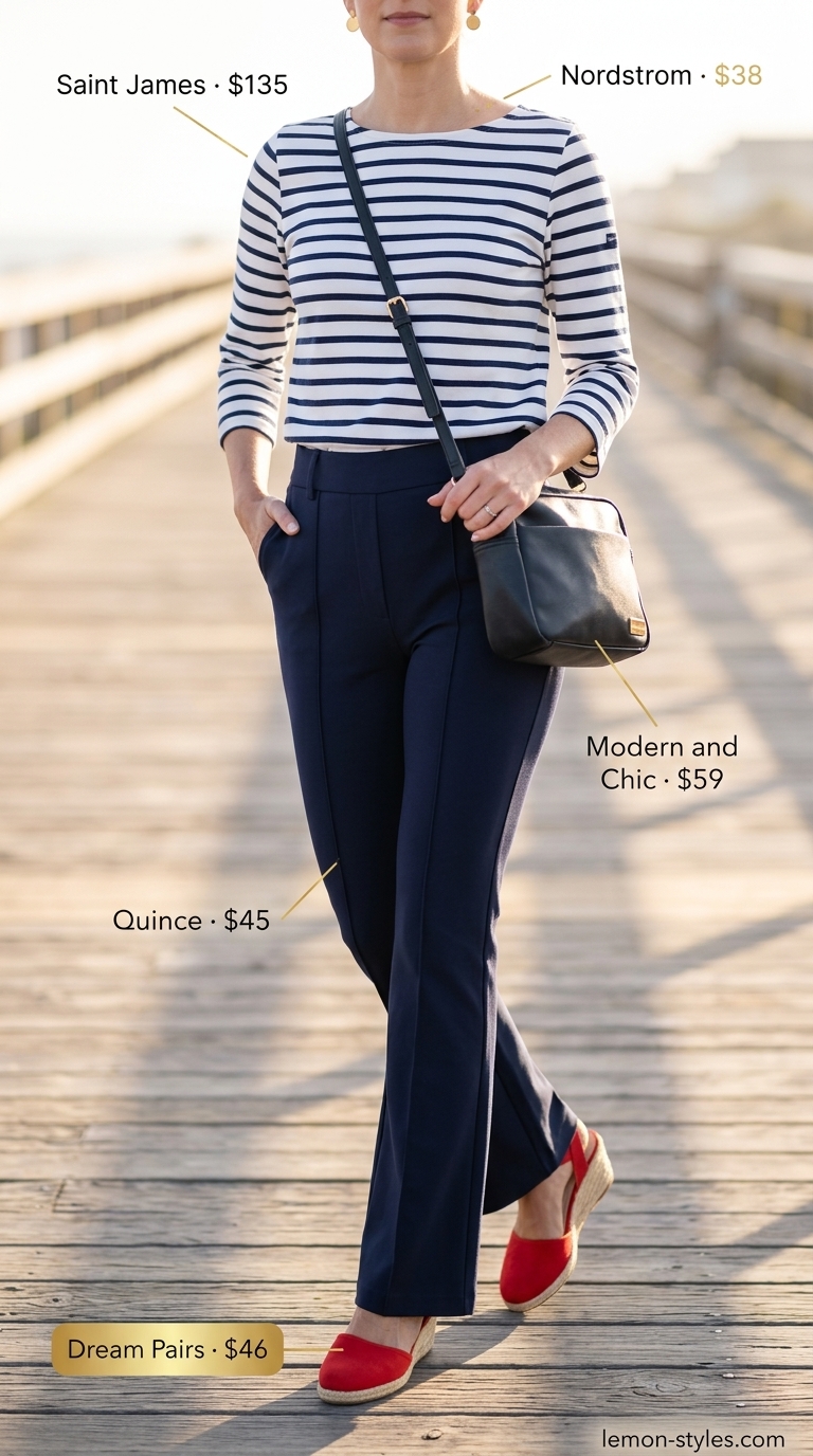 Flared legging outfits summer for women 2026: Navy leggings, stripe top, red espadrilles for nautical Riviera.