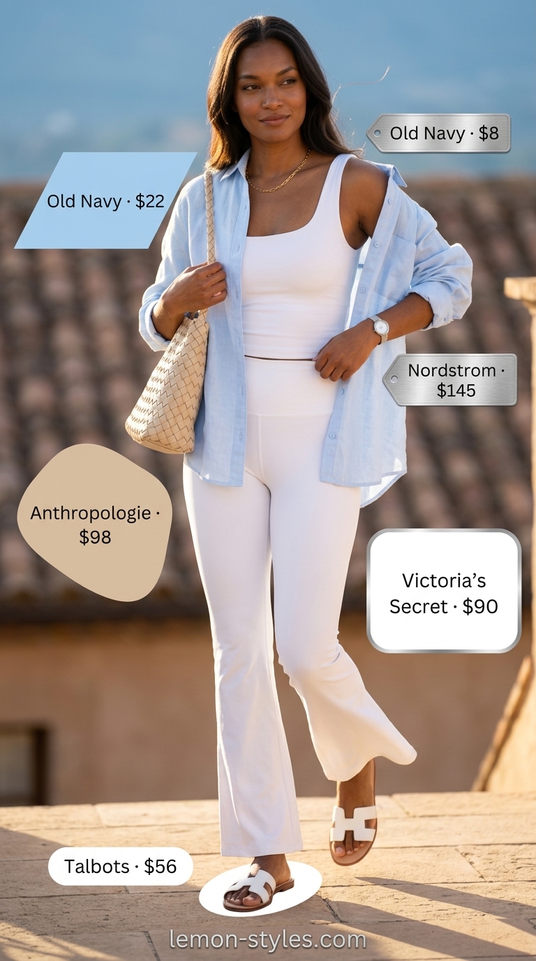 Flared legging outfits summer for women 2026: White leggings, sky blue shirt, silver watch for seaside stroll.