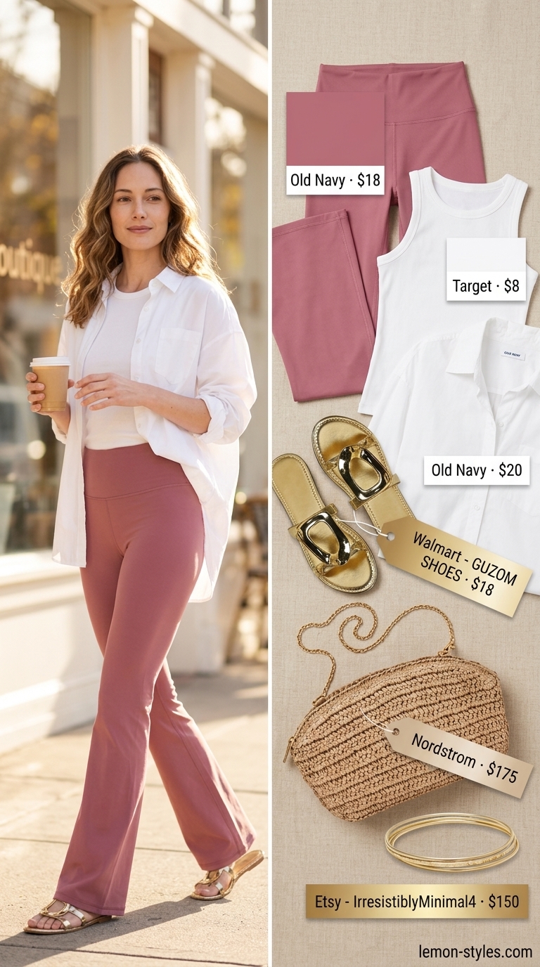 Flared legging outfits summer for women 2026: Dusty rose leggings, white shirt, gold sandals for post-workout coffee.