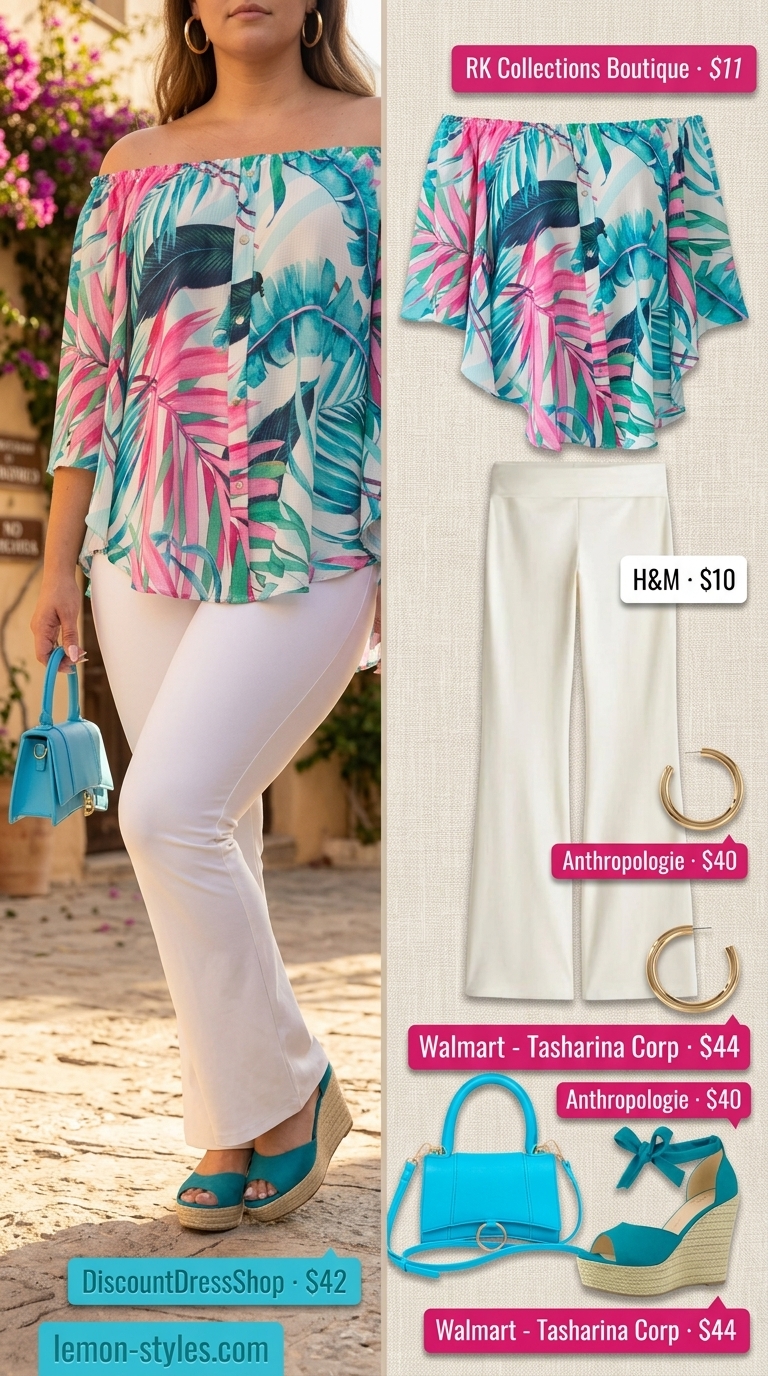 Flared legging outfits summer for women 2026: White leggings, tropical top, turquoise bag for tropical getaway.
