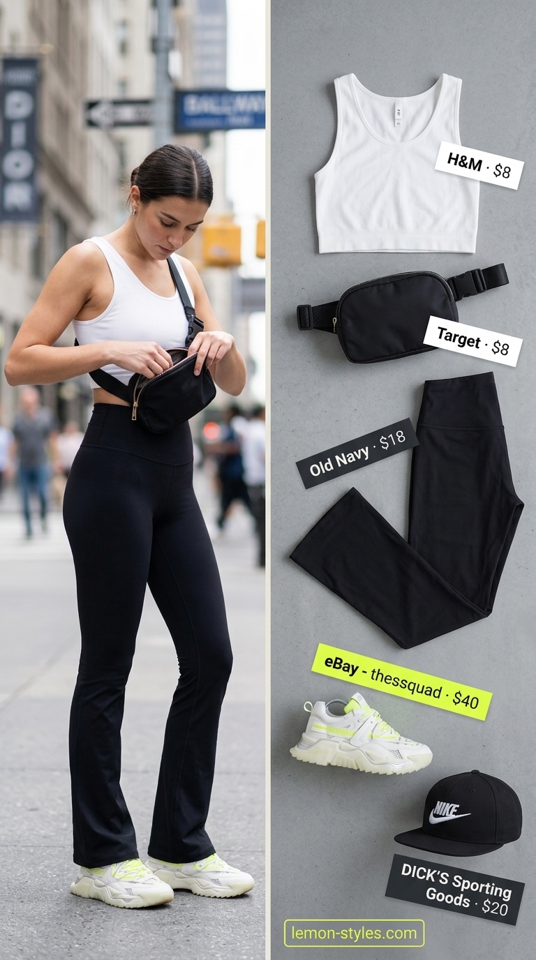 Flared legging outfits summer for women 2026: Black leggings, white tank, neon yellow sneakers, baseball cap for urban errands.