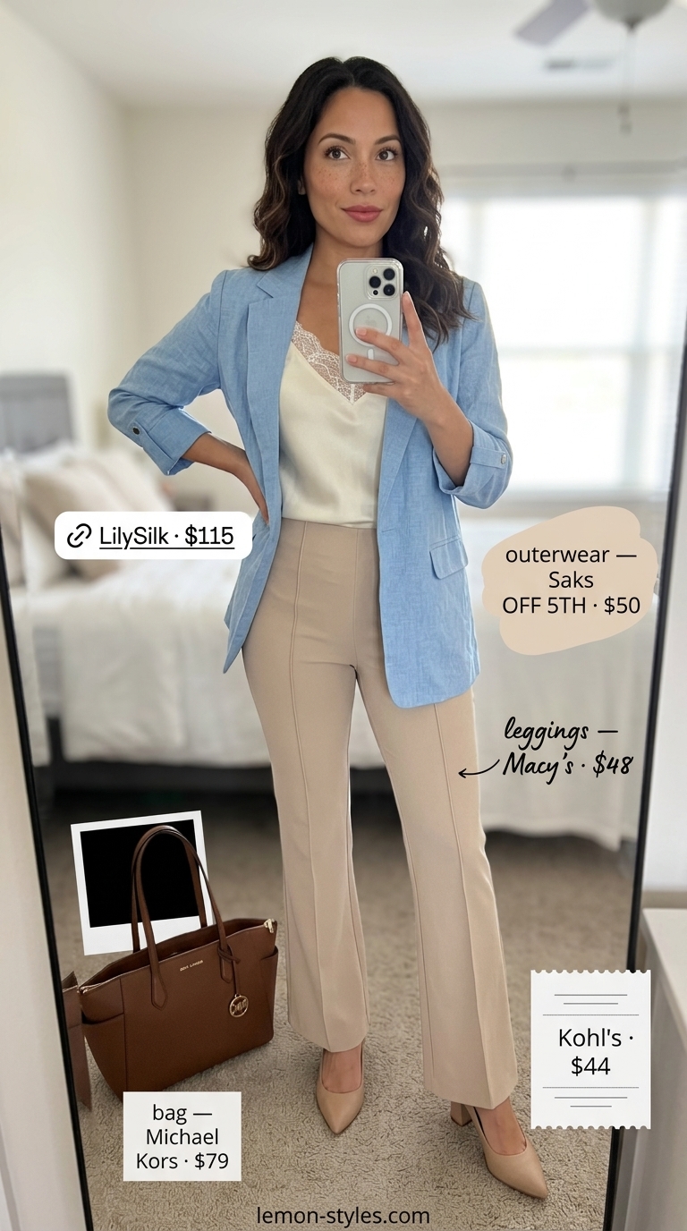 Polished beige flared legging outfit for women summer 2026: light blue blazer, nude pumps, and tote for office.