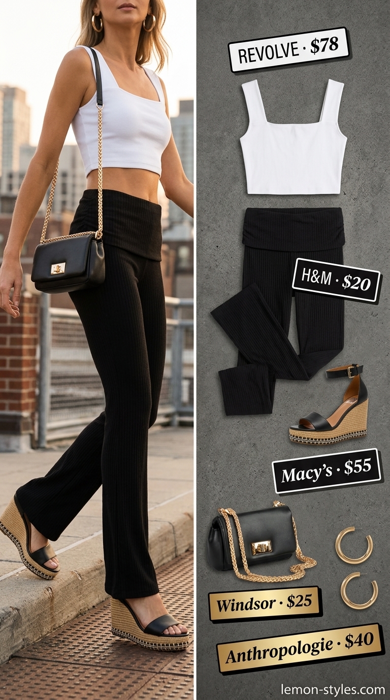 Flared legging outfits summer for women 2026: Black ribbed leggings with white crop top, espadrilles, and gold hoops for urban evening style.