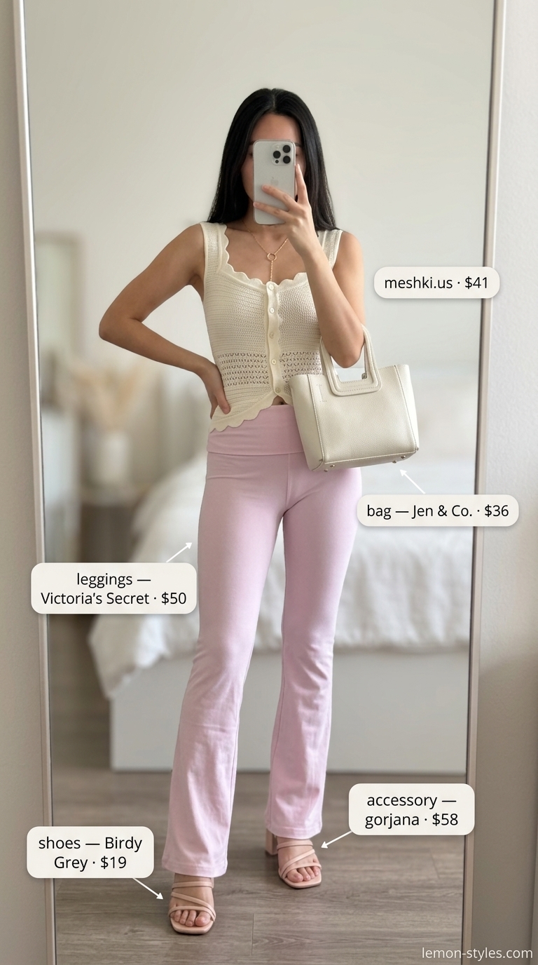 Flared legging outfits summer for women 2026: Blush pink leggings with ivory crochet top and strappy sandals for a garden party.