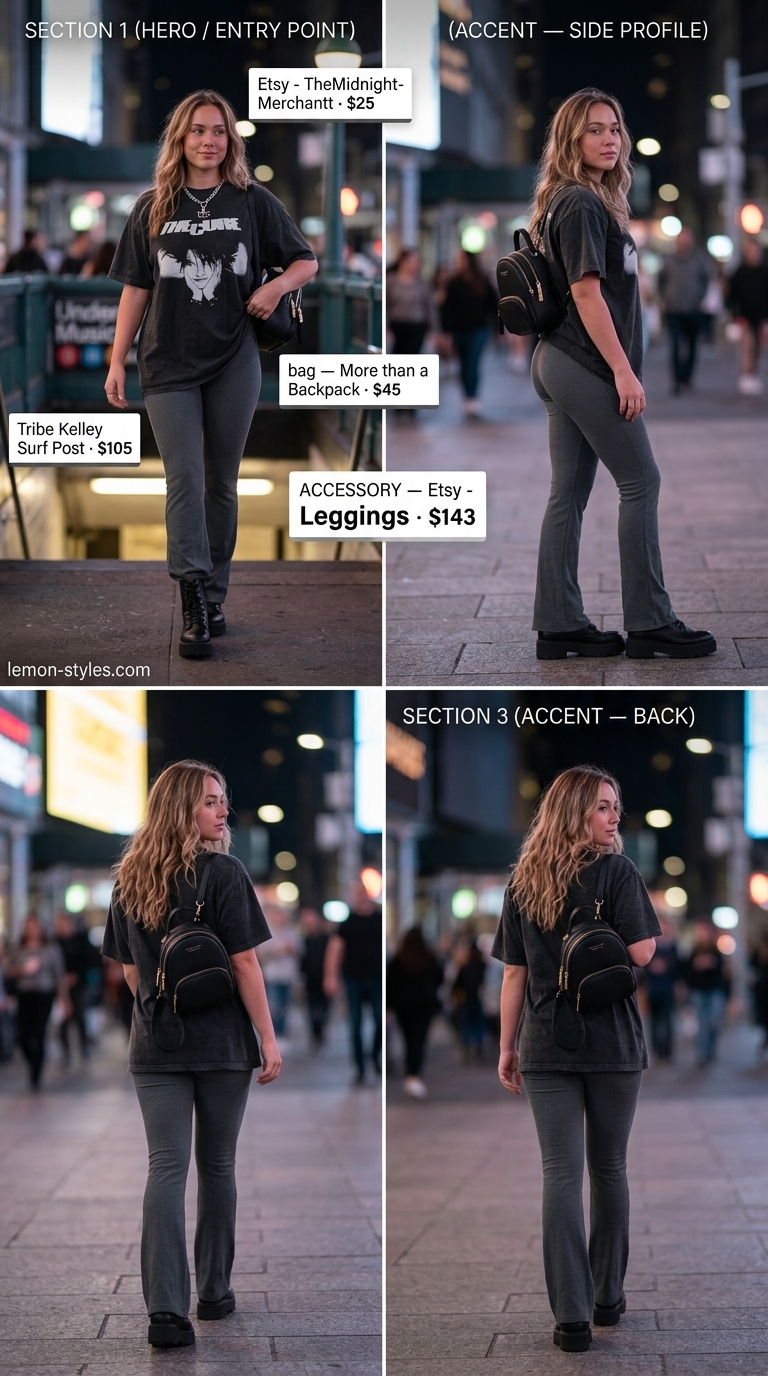 Flared legging outfits summer for women 2026: Charcoal grey leggings with band tee, combat boots, and mini backpack for edgy urban style.