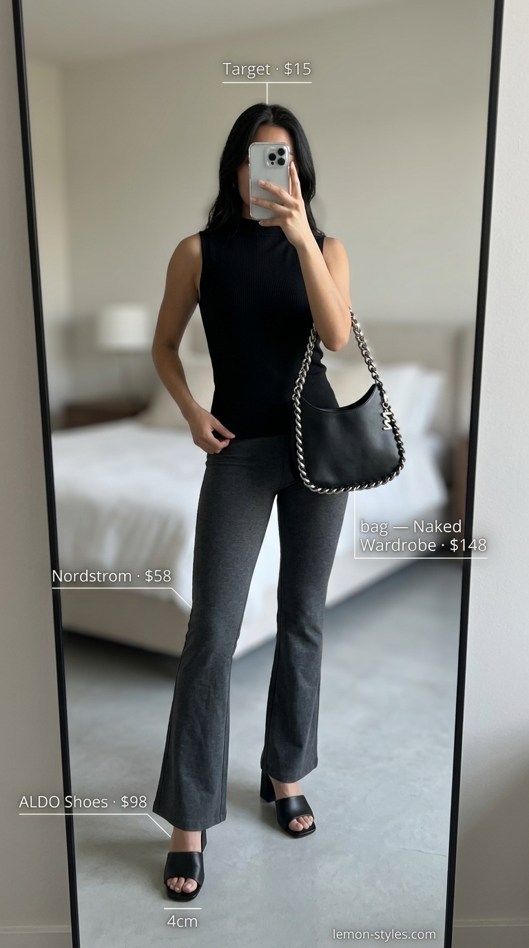 Sleek charcoal flared legging outfit for women summer 2026: black mock neck top, silver hoops, and heeled mules for nights out.