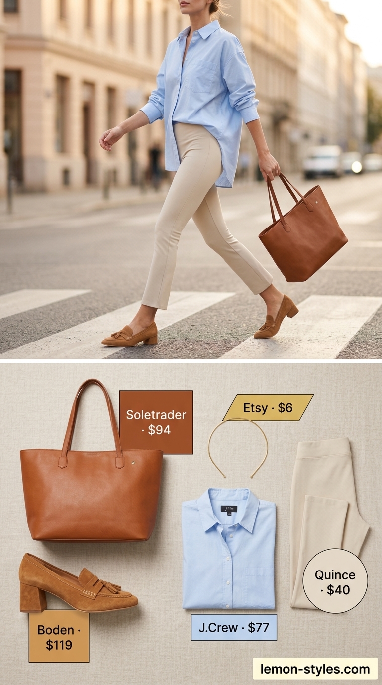 Flared legging outfits summer for women 2026: Cream ponte knit leggings with light blue button-down and loafers for modern prep style.