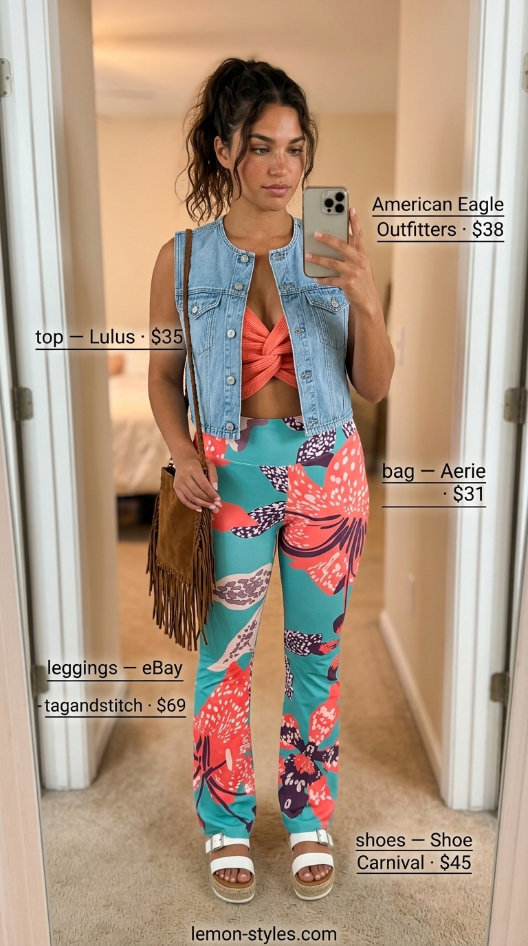 Flared legging outfits summer for women 2026: Abstract print leggings with coral tank, denim vest, and fringe bag for a festival vibe.