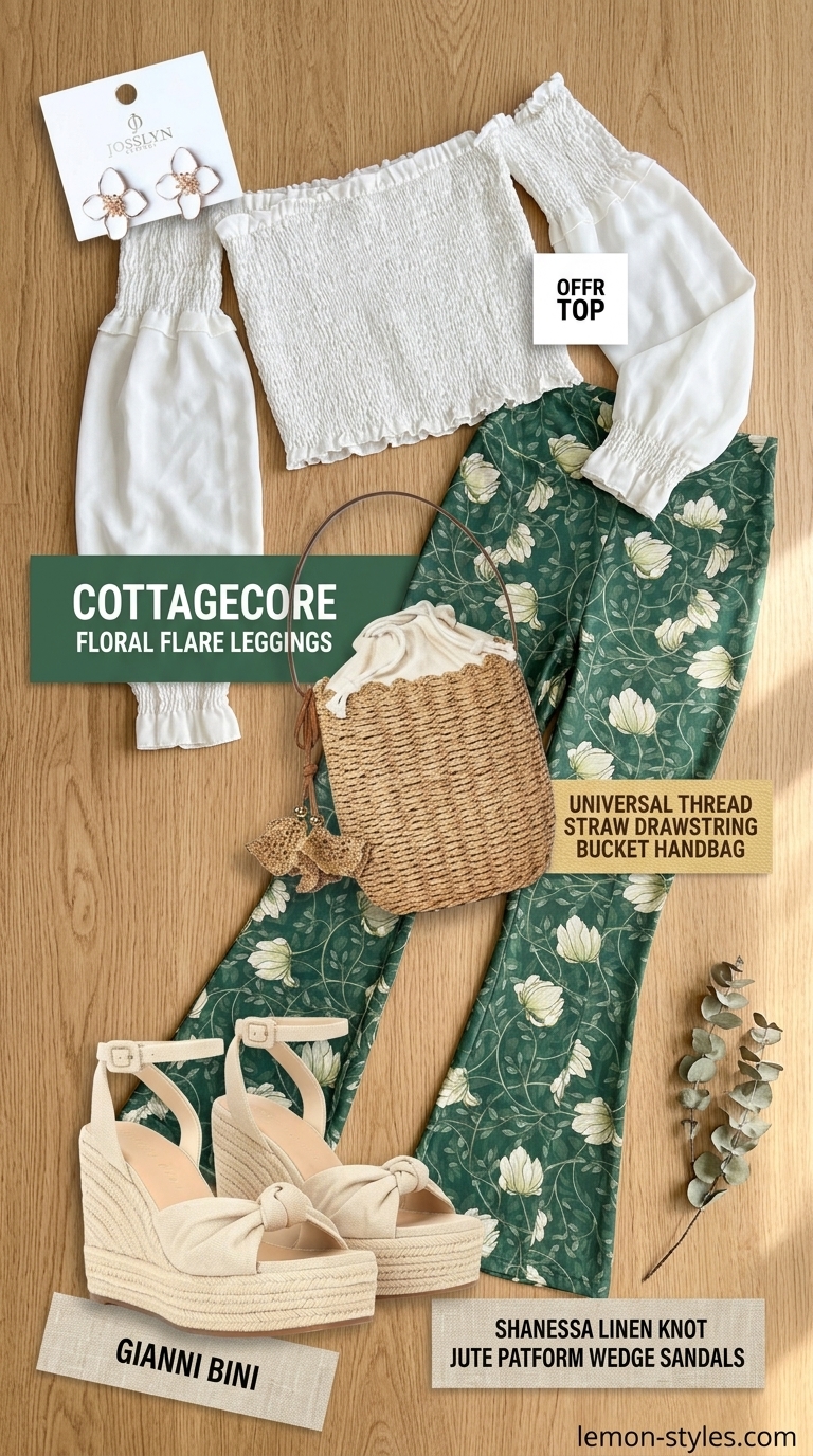 Flared legging outfits summer for women 2026: Floral print leggings with sage green top and espadrilles for a garden party.
