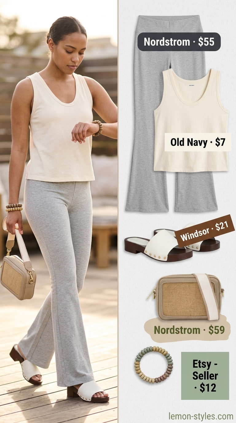 Flared legging outfits summer for women 2026: Light grey heathered leggings with cream knit tank and straw bag for relaxed weekend style.