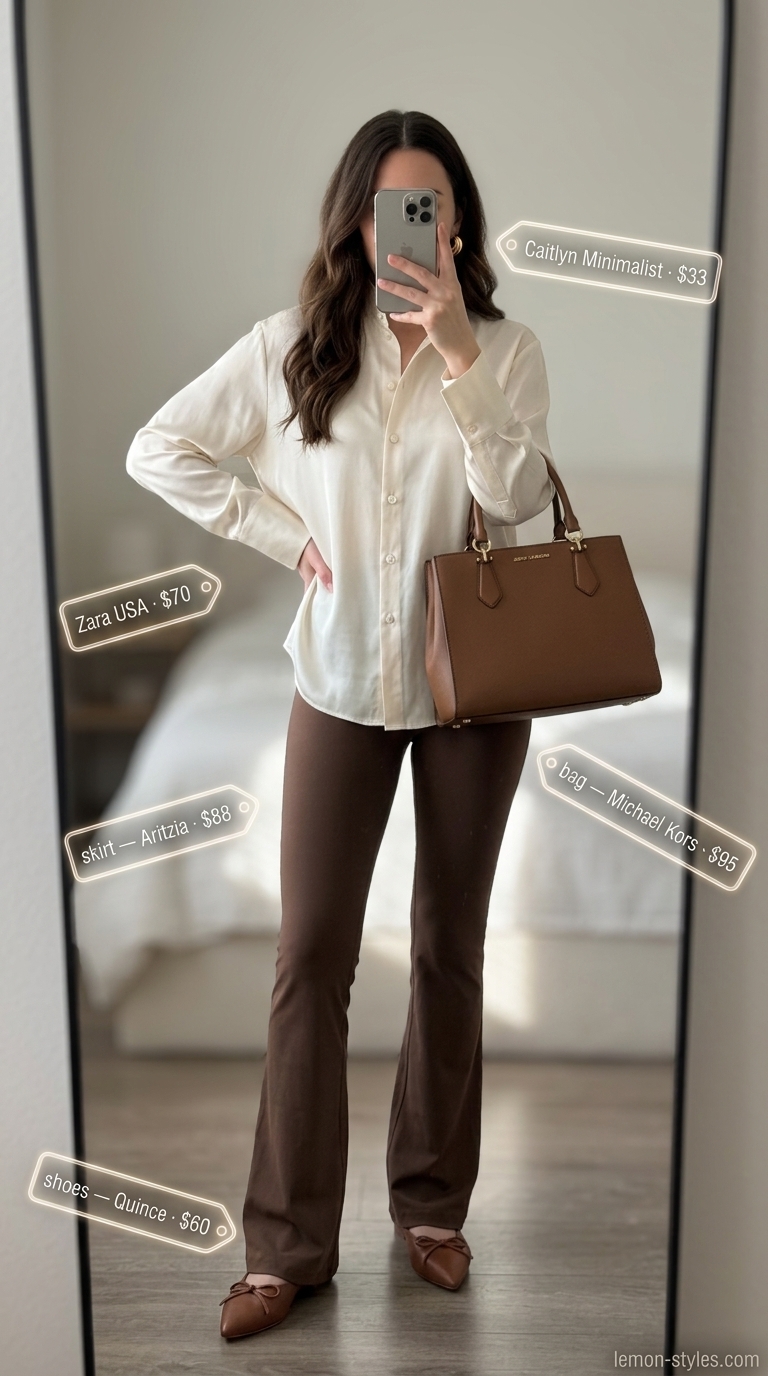 Sophisticated mocha flared legging outfit for women summer 2026: ivory silk shirt, leather mules, and gold hoops for resort evenings.