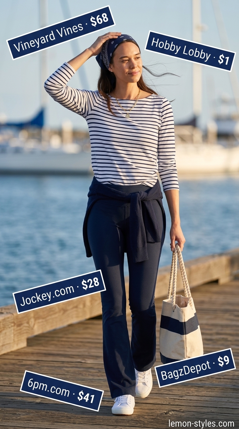 Flared legging outfits summer for women 2026: Navy leggings with striped top, bandana, and canvas sneakers for a nautical look.