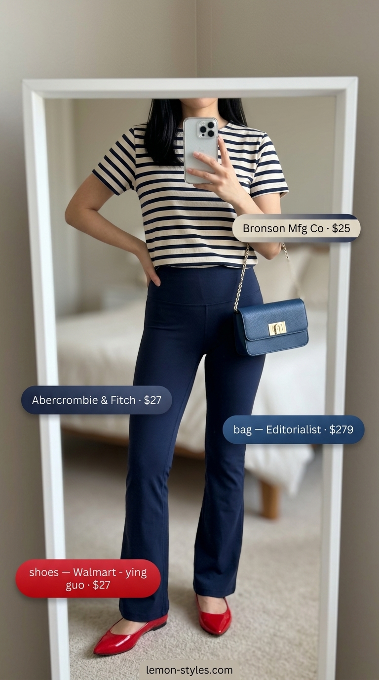 Elegant navy flared legging outfit for women summer 2026: stripe tee, red flats, gold hoops, and mini bag for a coffee date.