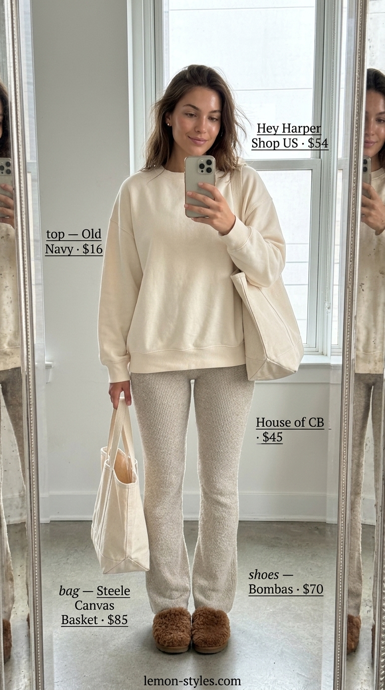 Cozy oatmeal flared legging outfit for women summer 2026: cream sweatshirt, canvas tote, and slippers for lounging.