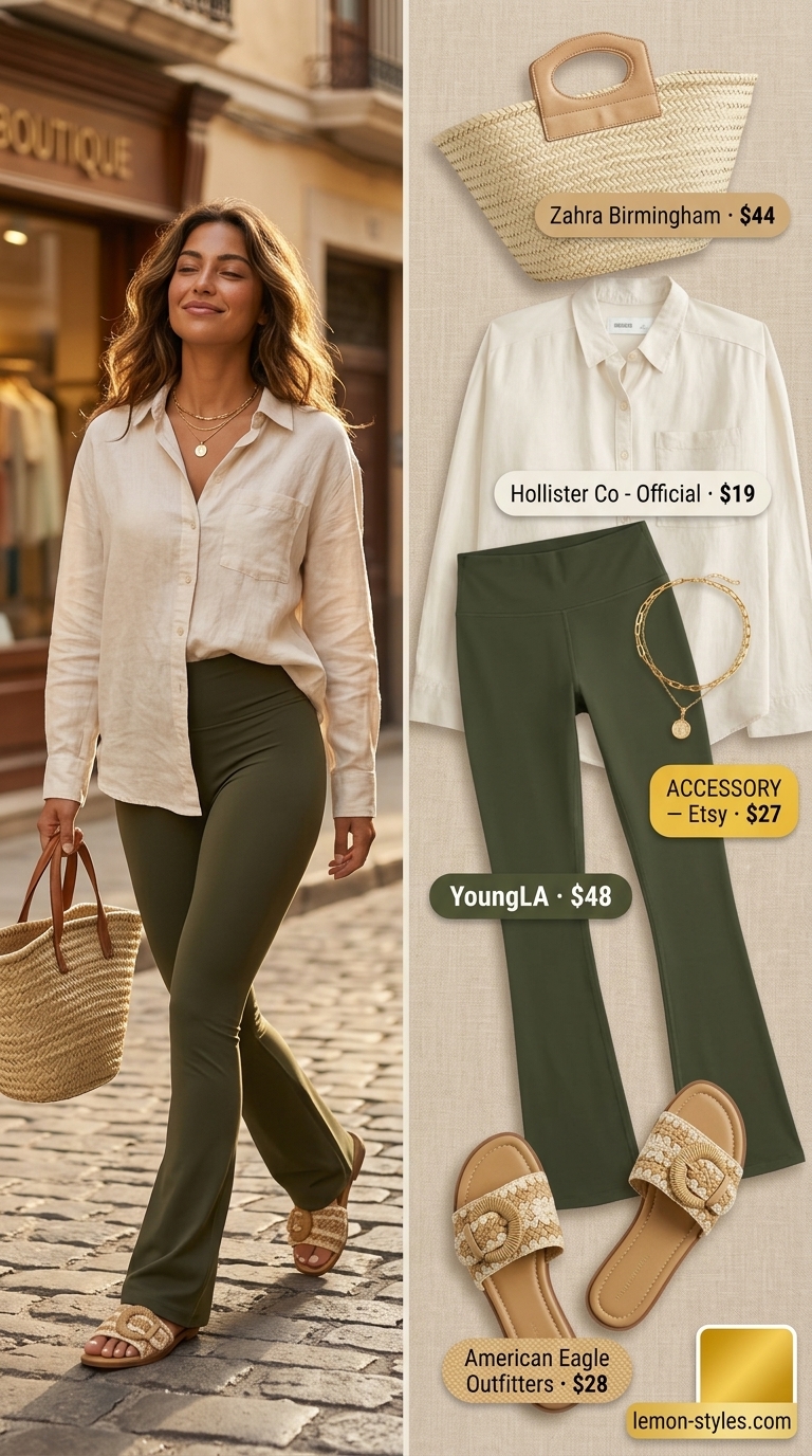 Bohemian olive green flared legging outfit for women summer 2026: cream linen shirt, straw bag, and woven sandals for beach clubs.