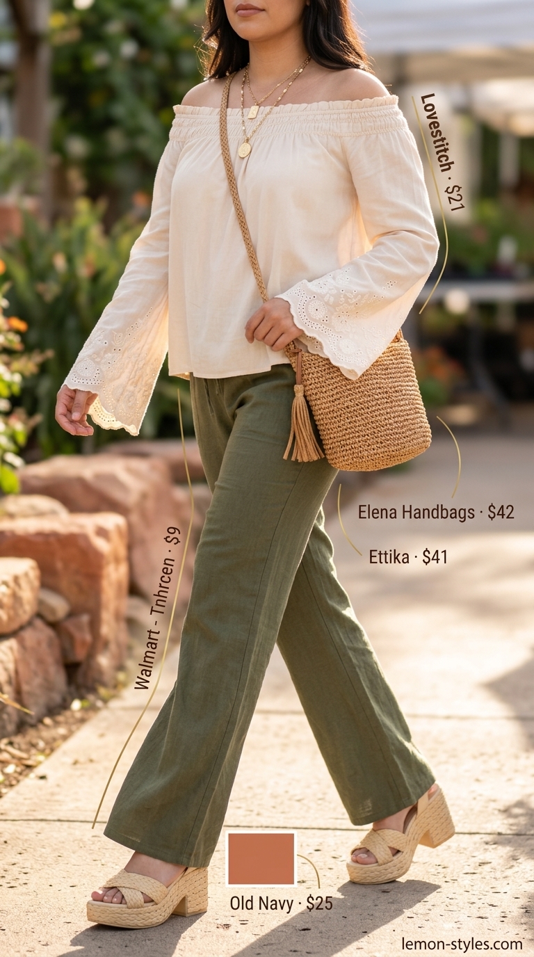 Earthy olive green flared legging outfit for women summer 2026: cream peasant top, espadrilles, and straw bag for brunch.