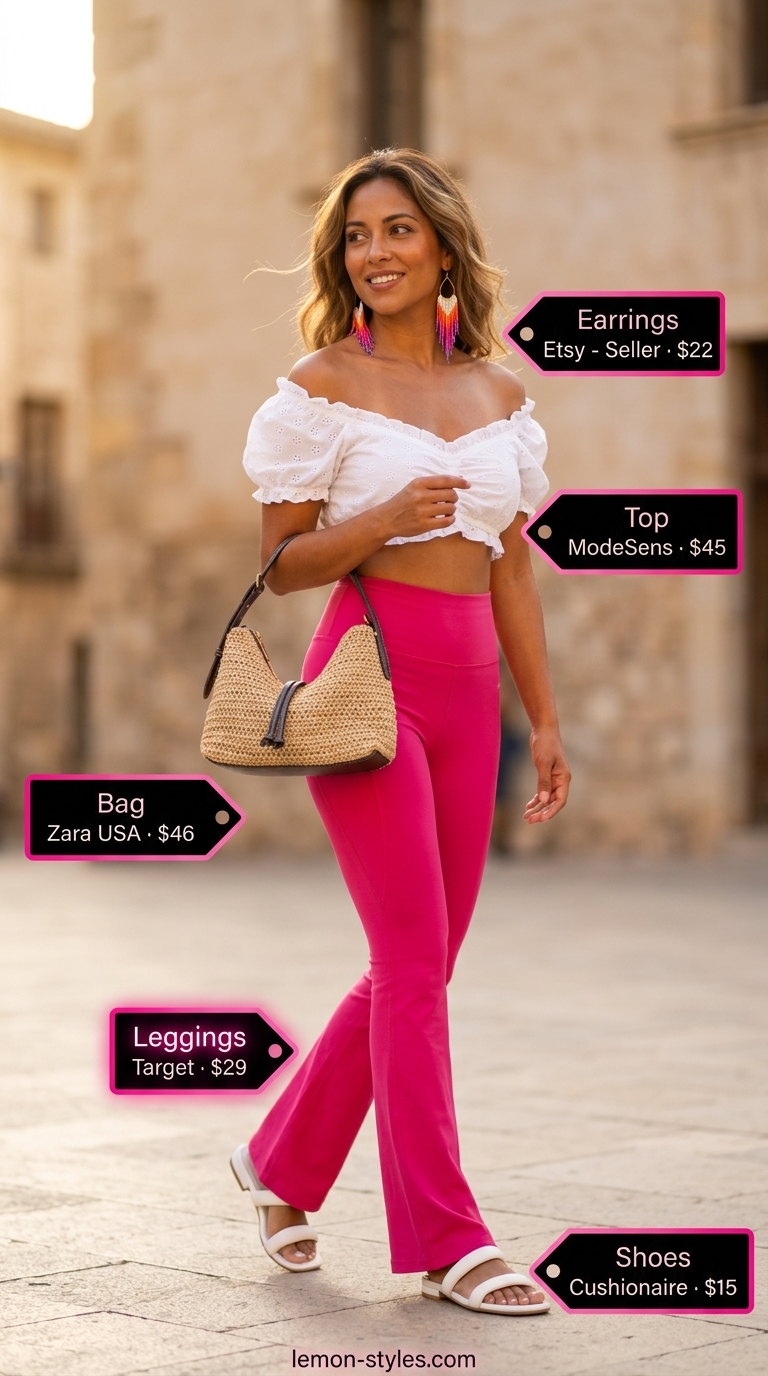 Flared legging outfits summer for women 2026: Hot pink leggings with white eyelet top and mini tote for a playful summer look.