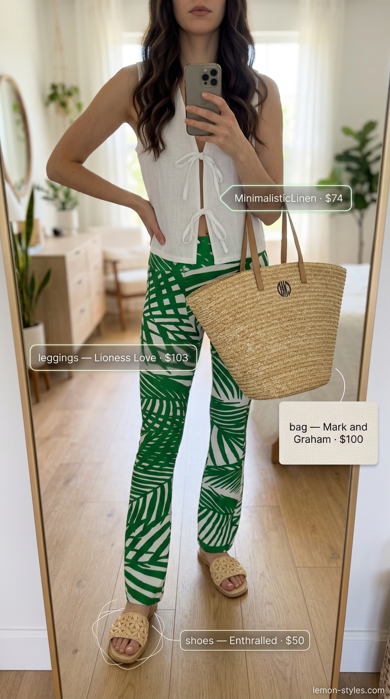 Vibrant tropical flared legging outfit for women summer 2026: white tie-front top, straw hat, and raffia sandals for vacation.
