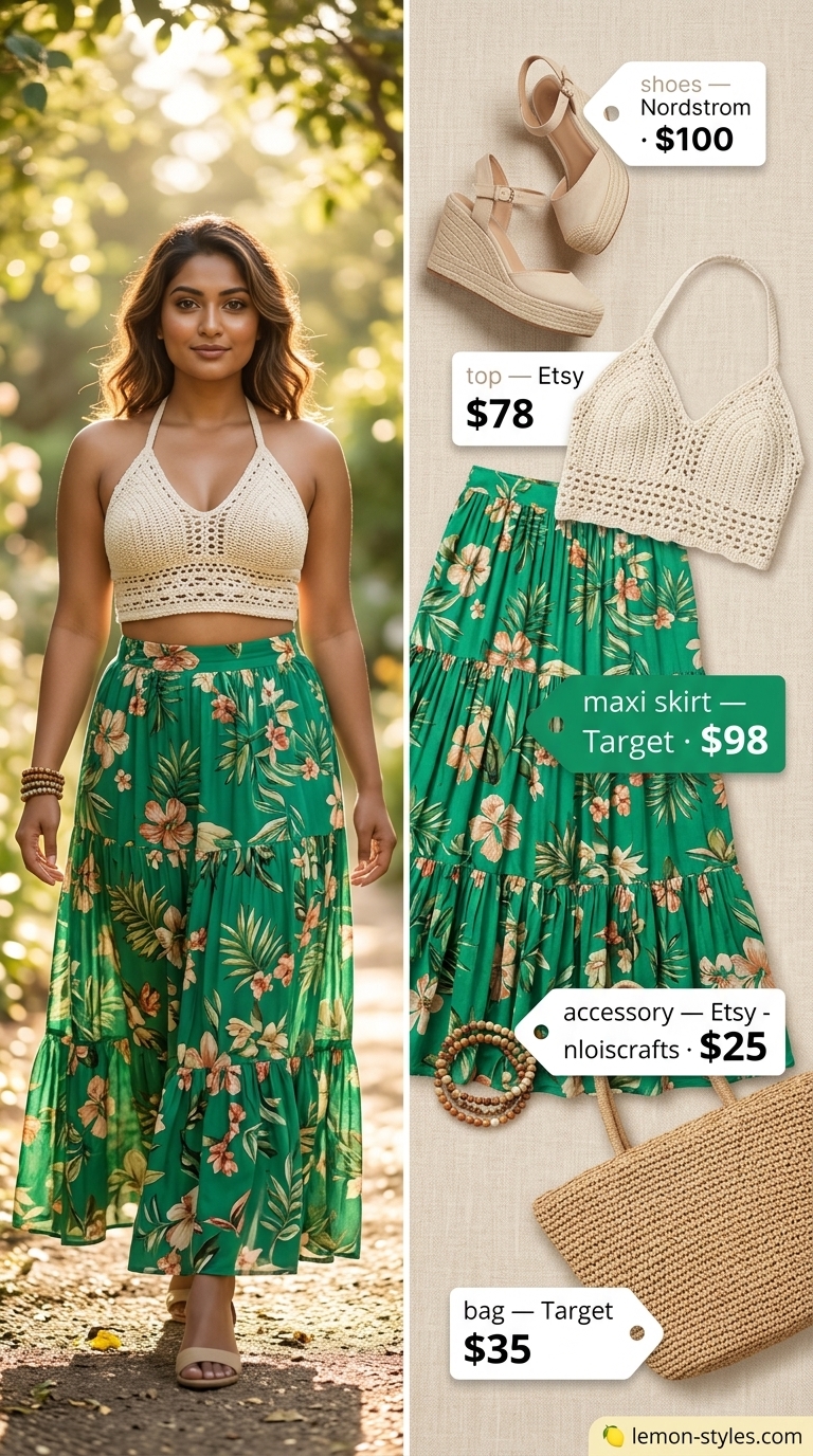 Bohemian garden party floral maxi skirt outfit for summer 2026: tropical skirt, crochet top, straw tote.
