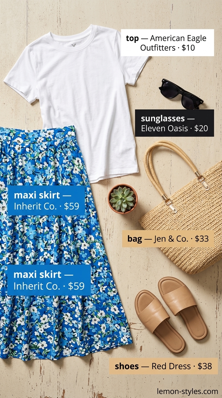 Casual floral maxi skirt outfit for summer 2026: bright blue skirt, white tee, straw bag for lakeside.