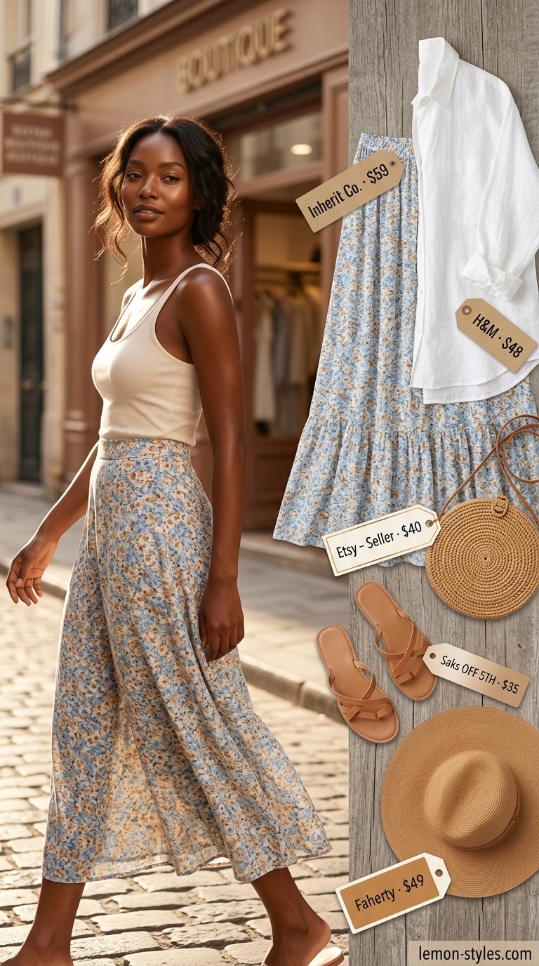 Coastal floral maxi skirt outfit for summer 2026: blue print skirt, white linen shirt, straw hat for vacation.