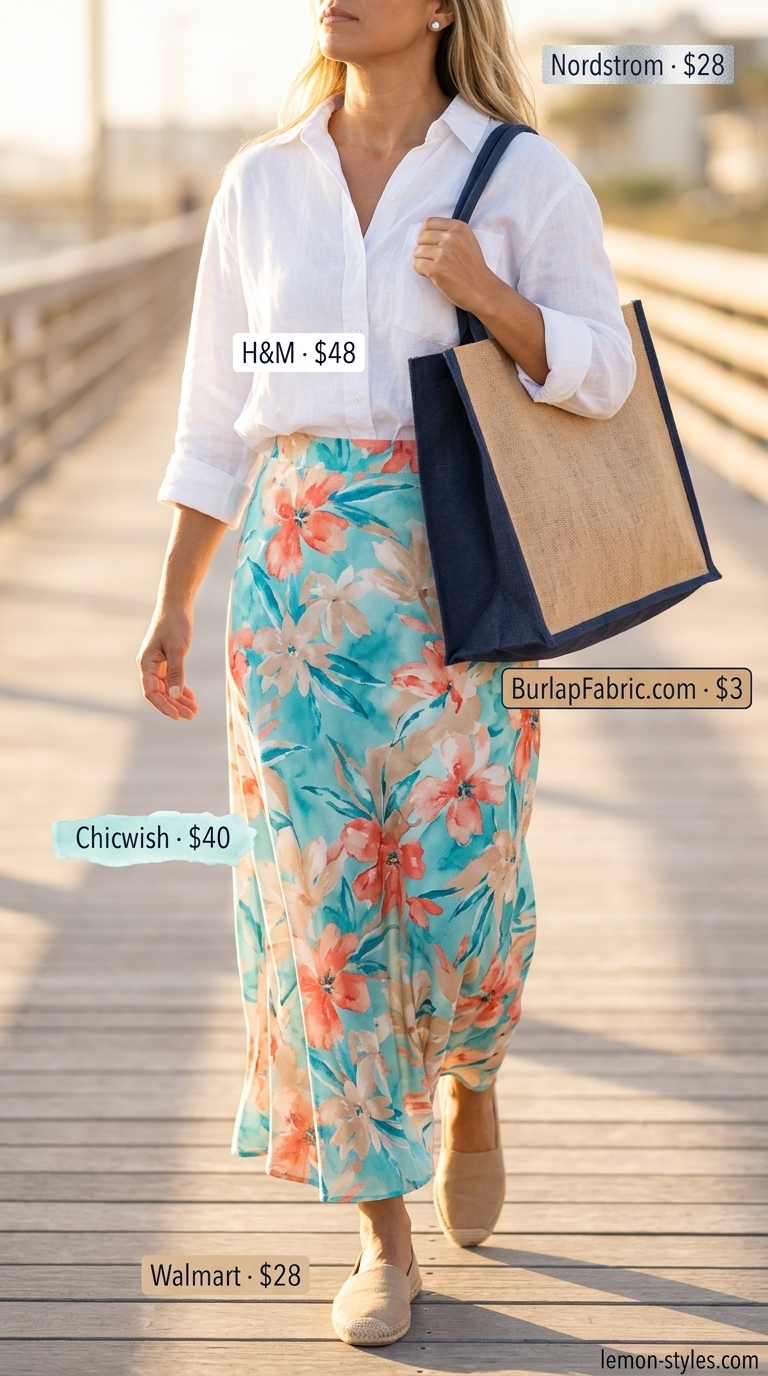 Coastal brunch outfit: watercolor floral maxi skirt, white linen shirt, espadrille flats, and navy tote. Summer 2026.