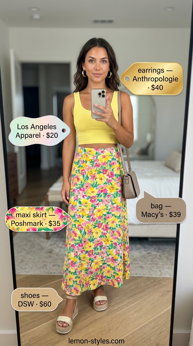 Vibrant summer party outfit with a multi-color floral maxi skirt, yellow crop top, espadrille wedges, and green bag.