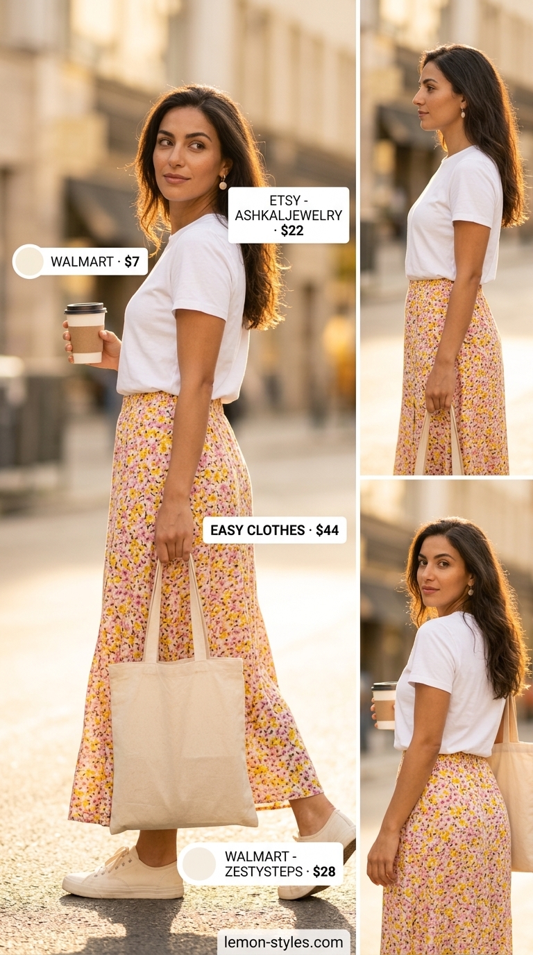 Playful picnic outfit with a ditsy floral maxi skirt, white tee, canvas tote, and sneakers. Summer 2026 style.