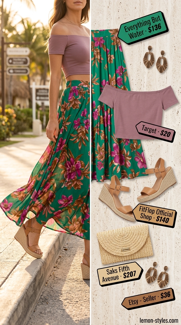 Floral maxi skirt outfits summer 2026: Tropical resort evening look with bold floral maxi skirt and off-shoulder top.