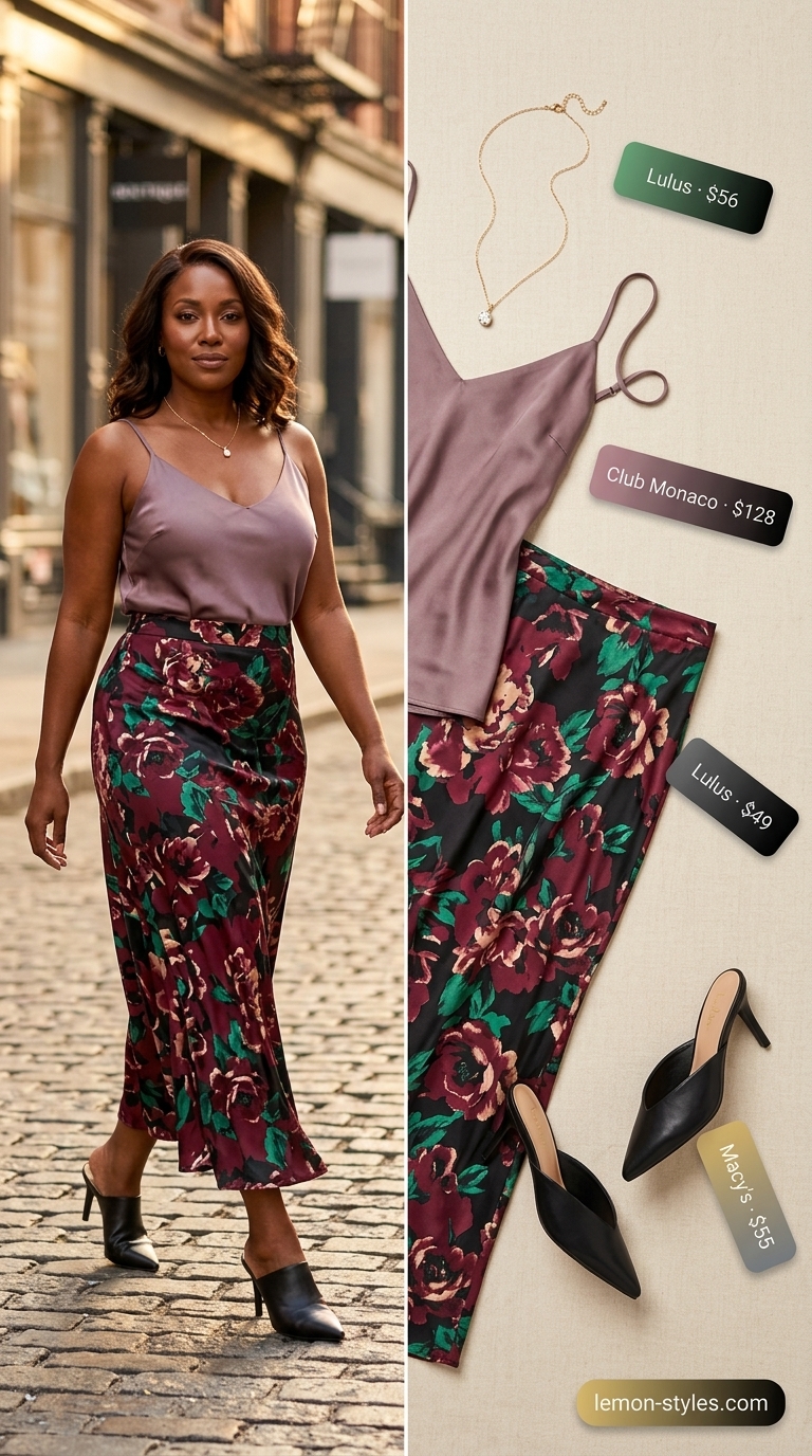 Sophisticated dark floral maxi skirt outfit with black silk cami, pointed mules, and gold accessories for summer 2026.