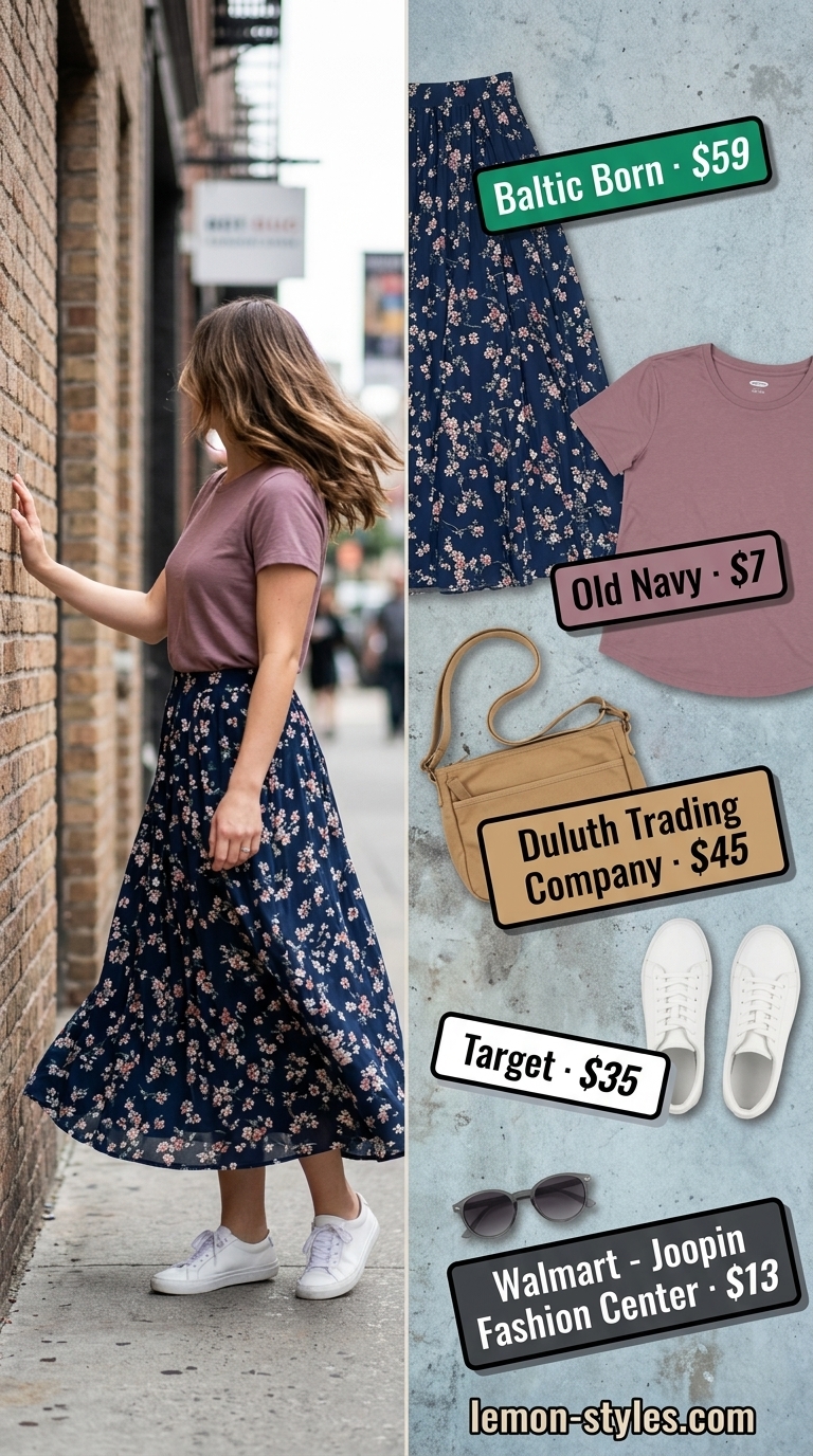 Floral maxi skirt outfits summer 2026: Urban explorer casual style with navy floral maxi skirt and white t-shirt.