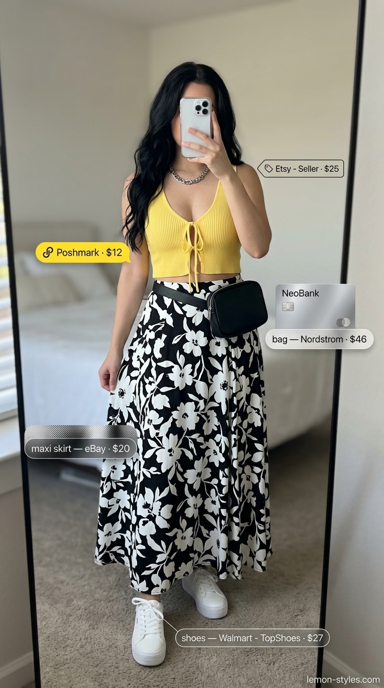 Edgy city sightseeing outfit with graphic floral maxi skirt, yellow crop top, white sneakers, and belt bag. Summer 2026.