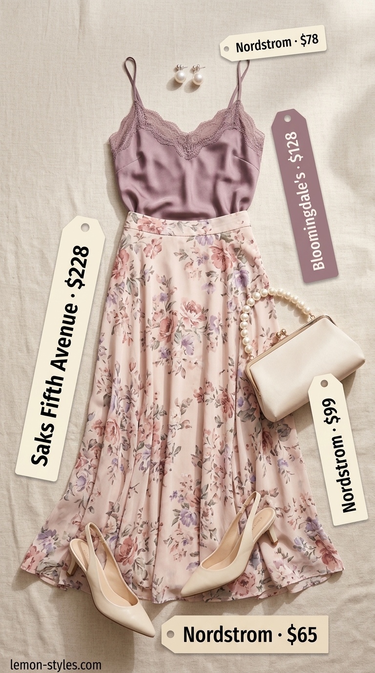 Vintage floral maxi skirt outfit for summer 2026: pastel rose skirt, cream camisole, pearl details for afternoon tea.