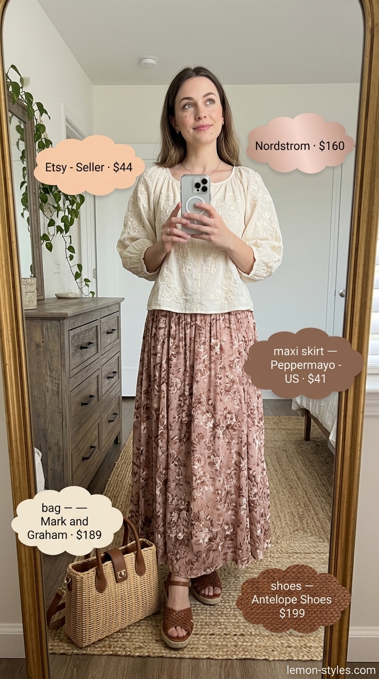 Vintage orchard stroll outfit: muted floral maxi skirt, cream peasant blouse, wicker bag, and brown sandals. Summer 2026.