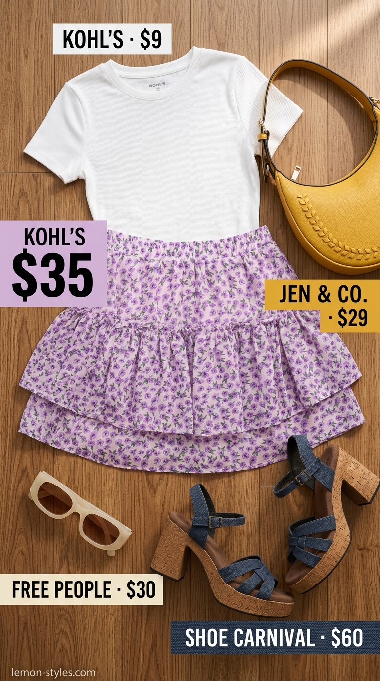 Lavender floral mini skirt outfit for summer 2026 athleisure. Sporty and comfortable style with knit top and fashion sneakers.