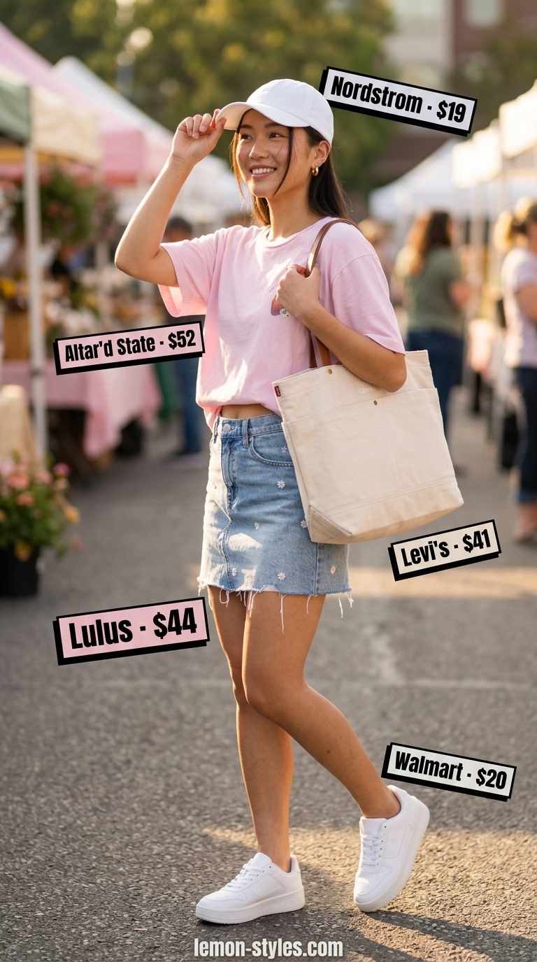 Light denim floral mini skirt outfit for summer 2026 casual wear. Youthful and comfortable style with graphic tee and sneakers.