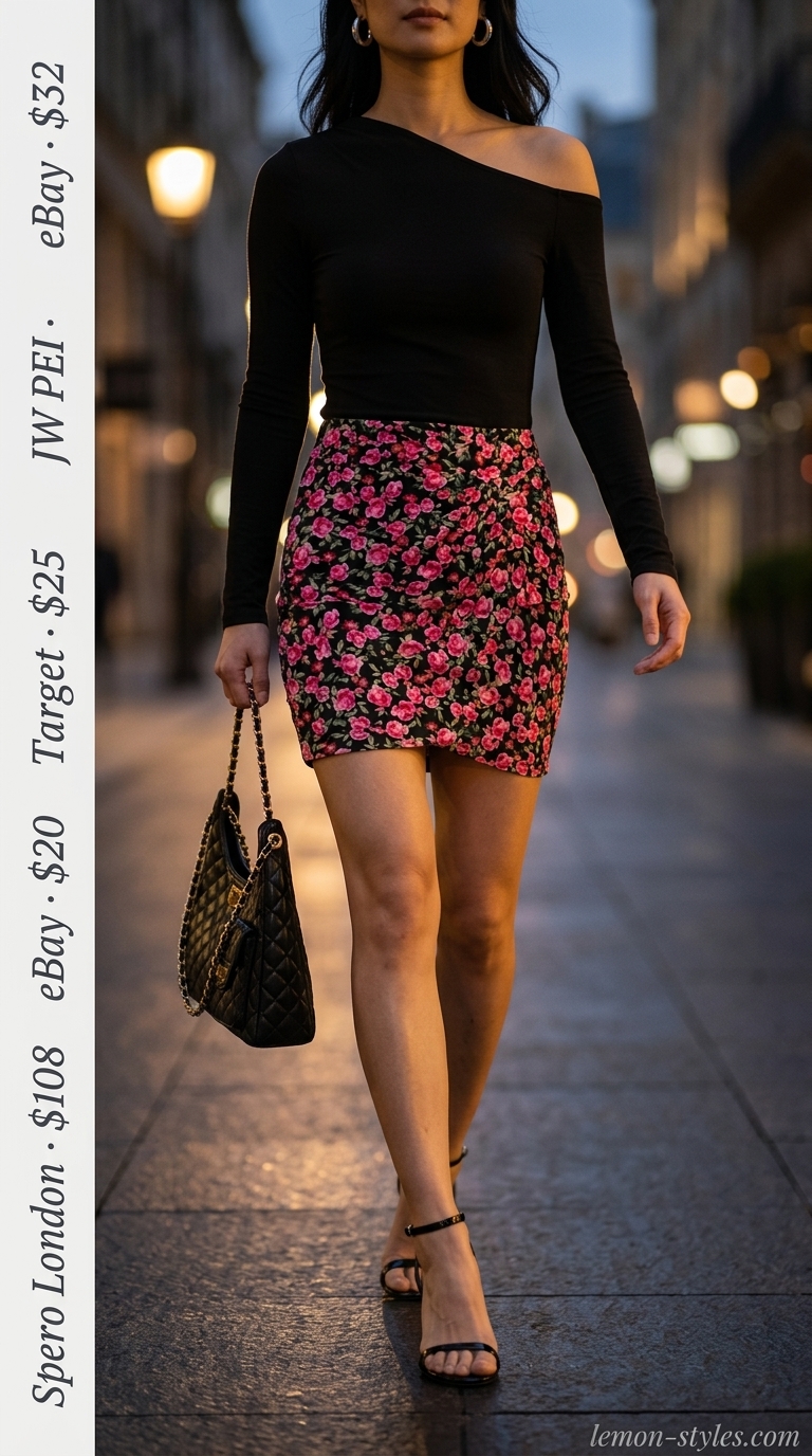 Black floral mini skirt outfit summer 2026 with hot pink accents and black crop top.
