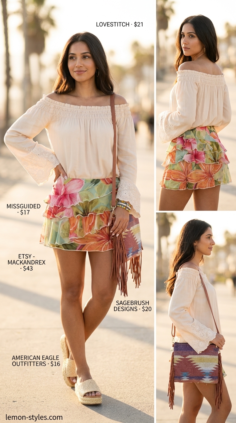 Turquoise floral mini skirt outfit for summer 2026 resort wear. Relaxed coastal style with linen shirt and raffia sandals.