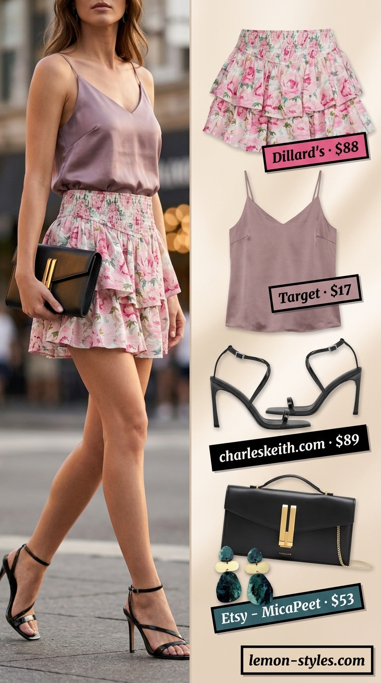 Emerald green floral mini skirt outfit for summer 2026 sophisticated dinner. Elegant style with silk camisole and strappy heels.