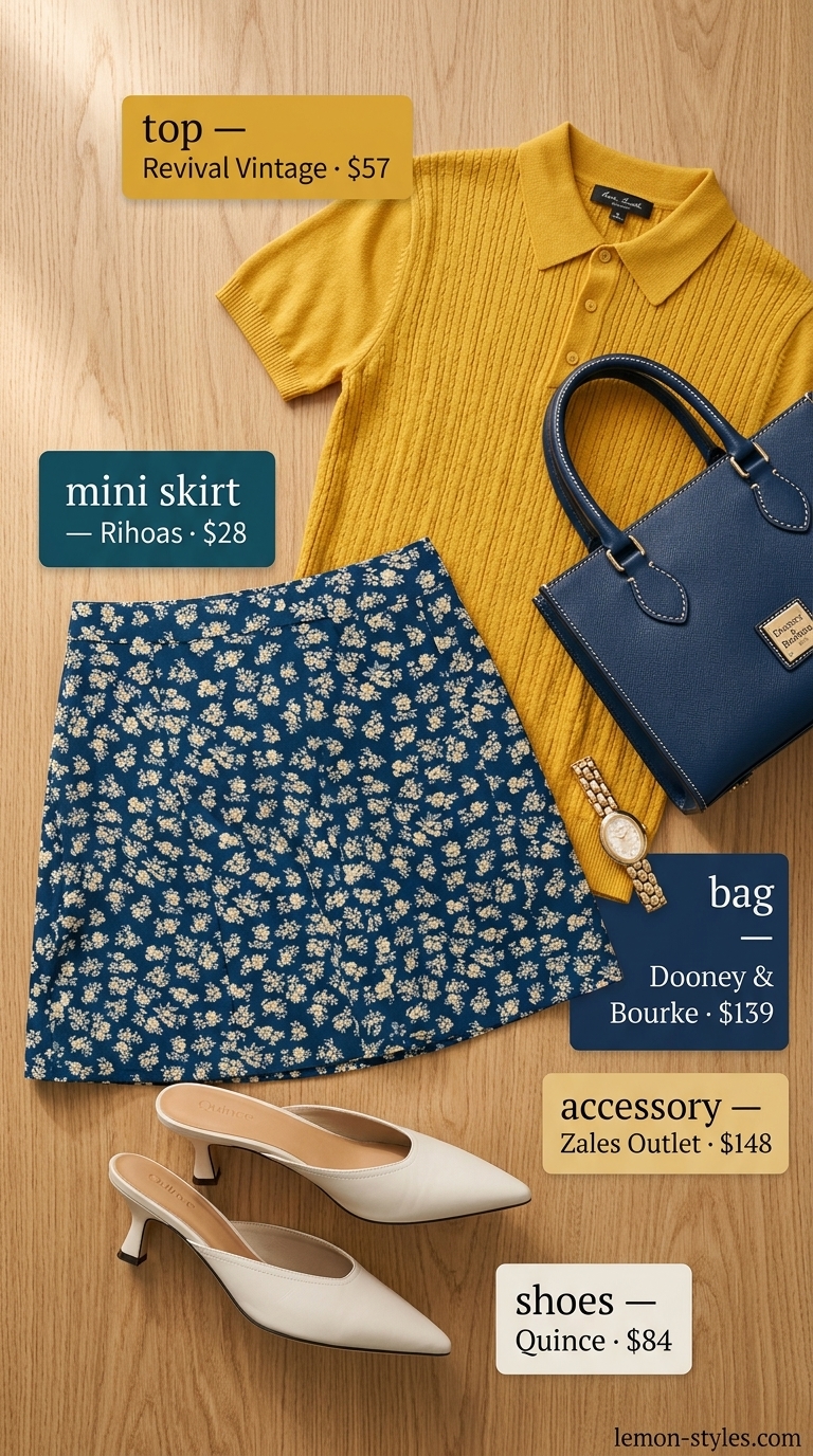 Teal floral mini skirt outfit summer 2026 with mustard polo and leather mules.