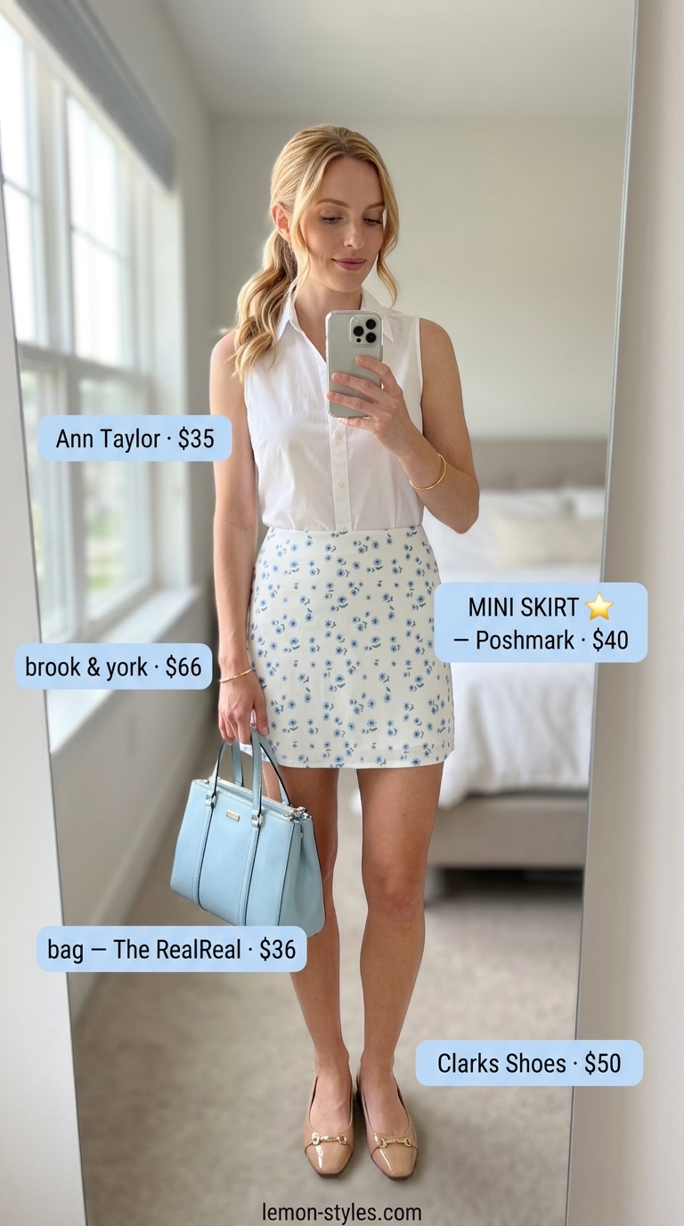 Elegant garden lunch outfit with floral mini skirt, white shirt, and tan mules. Summer 2026.