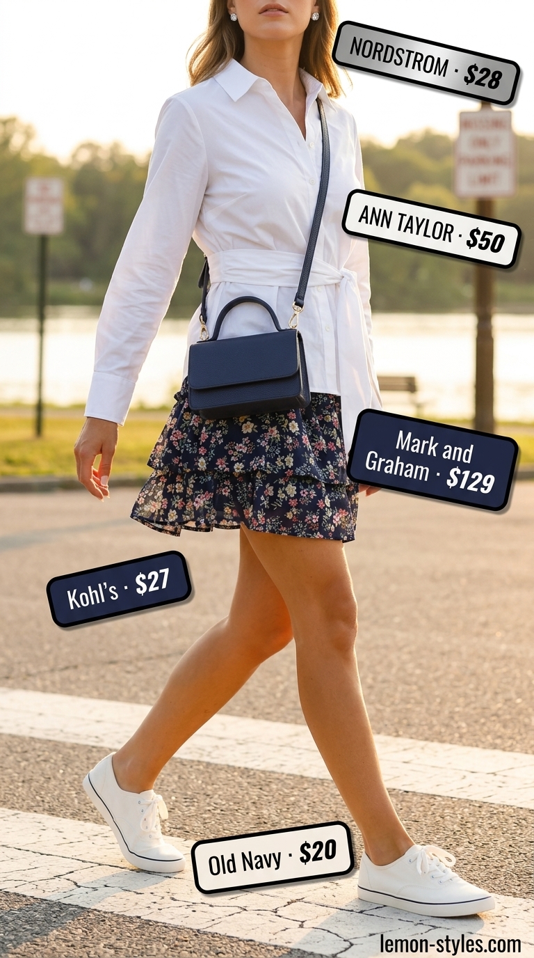 Preppy lakeside picnic look with floral mini skirt, white button-down, and sneakers. Summer 2026.