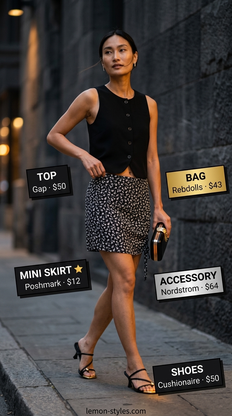 Black and white floral mini skirt outfit summer 2026 with black vest top and kitten heels.