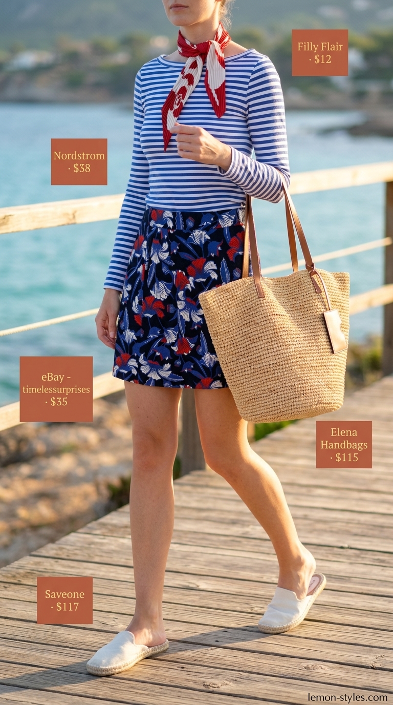 Navy floral mini skirt outfit summer 2026 with striped top and espadrilles.