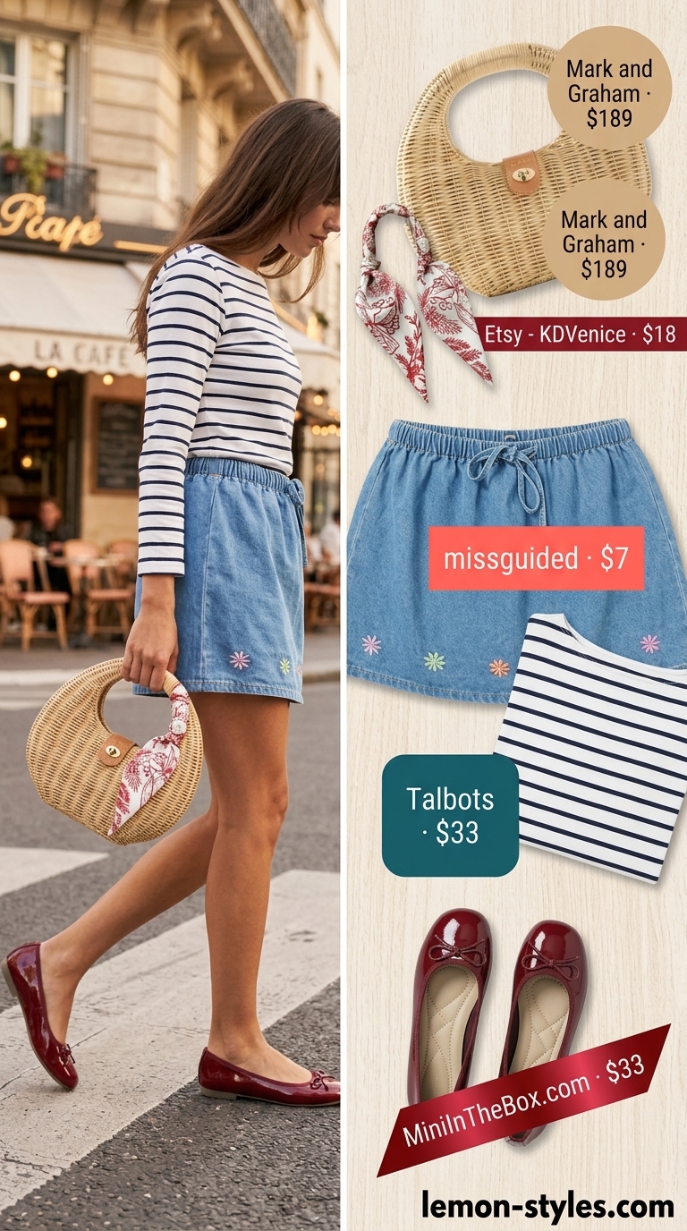 Chic Parisian cafe outfit with floral mini skirt, striped top, and wicker bag. Summer 2026 style.