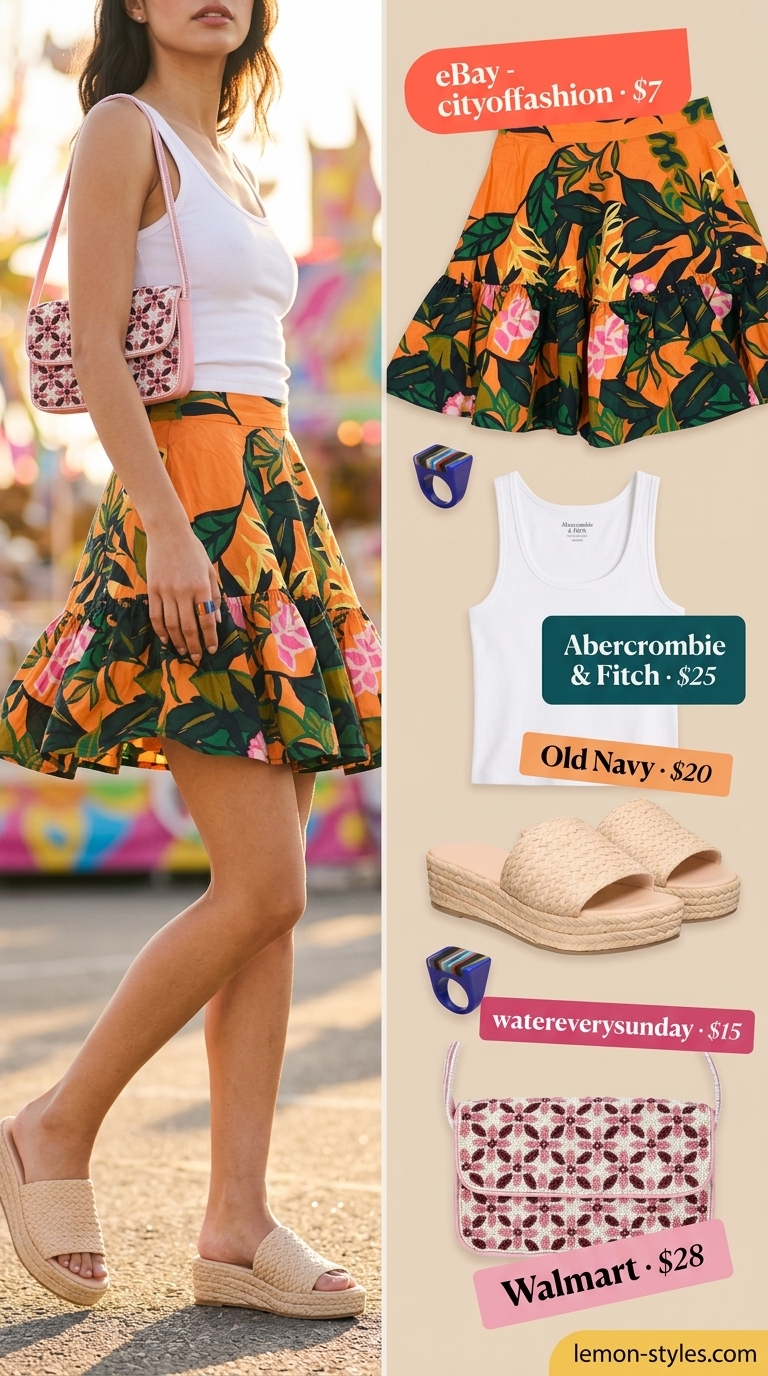 Orange graphic floral mini skirt outfit summer 2026 with white tank and platform sandals.