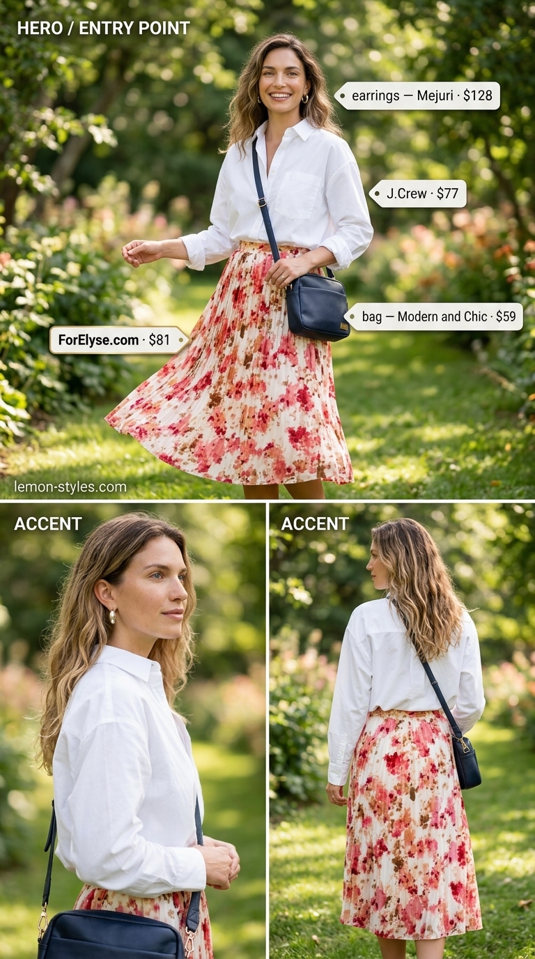 Bright pink floral mini skirt outfit for summer 2026 picnic. Preppy style with white tee, navy crossbody, and white sneakers.