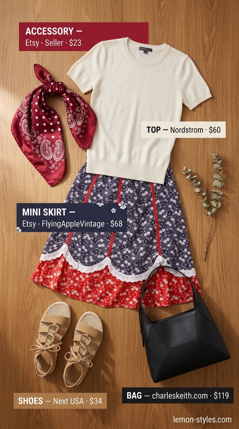 Retro summer picnic outfit with floral mini skirt, knit sweater, and espadrilles. Summer 2026.